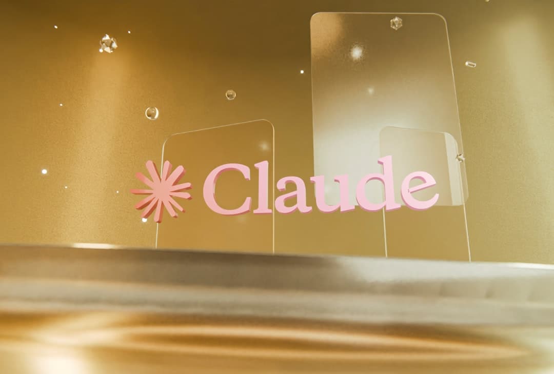 Pink "claude" logo on clear panels against a golden background.